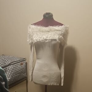 Xhilaration Off-Shoulder Cream Sweater with Fur Trim